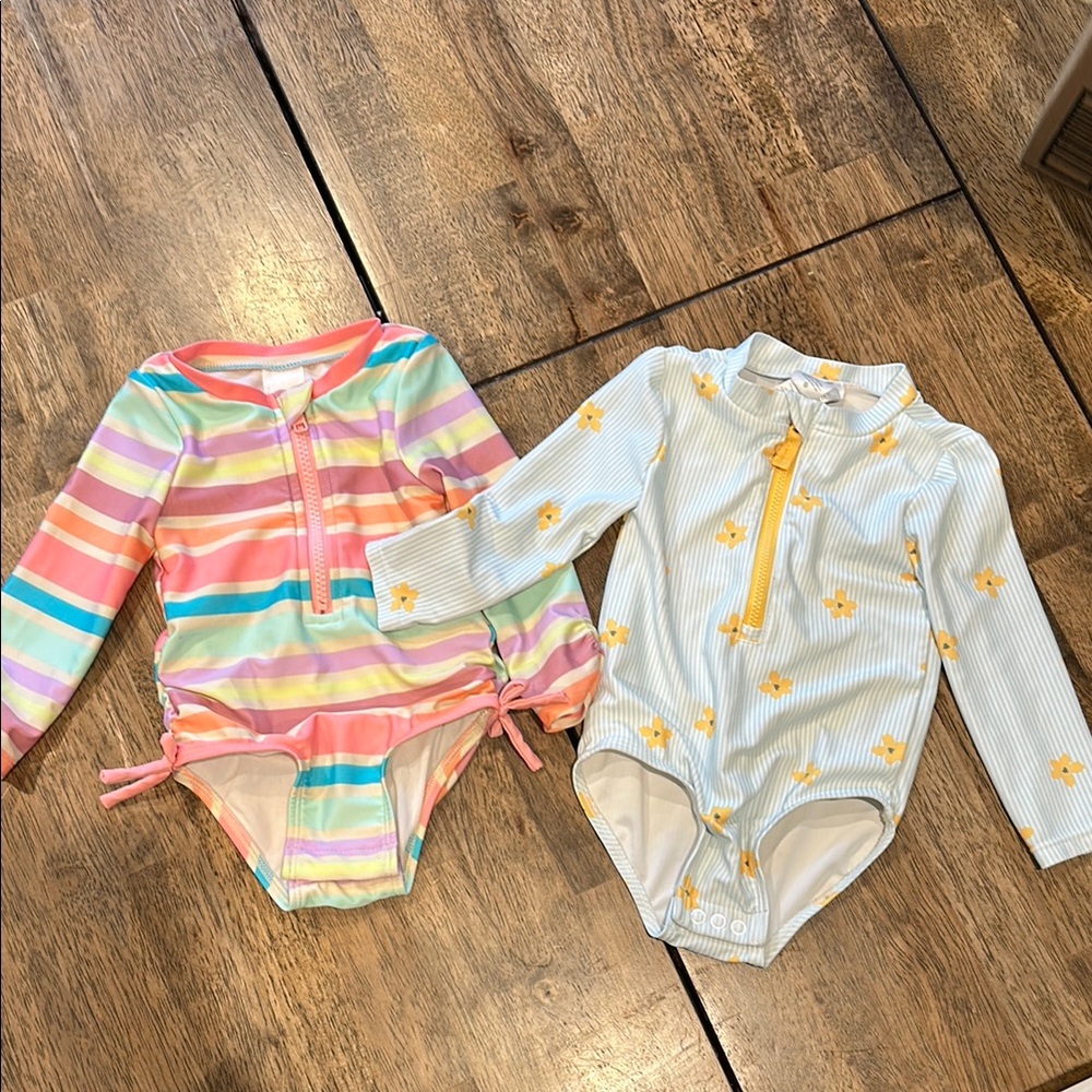 Toddler Girls Long Sleeve Swim Bodysuits - Striped Rainbow & Yellow Star